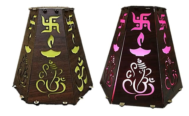 UNIQ Diwali Wooden Handmade Kandil with Diwali Cut Out Symbols on All Sides, Decorative Lamp for Home Decoration