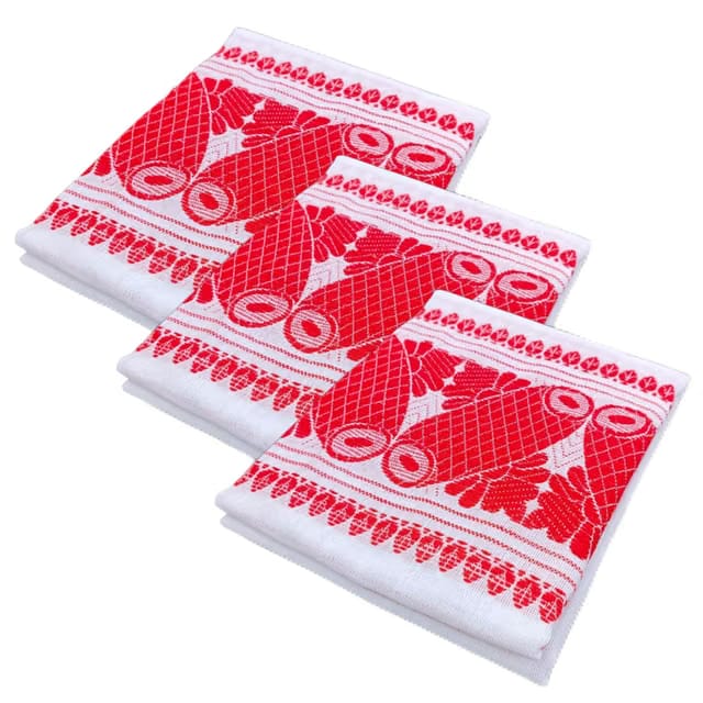 Polycotton Assamese Traditional Gamcha (Gamosa or Gamocha), White with Red Dhole Design