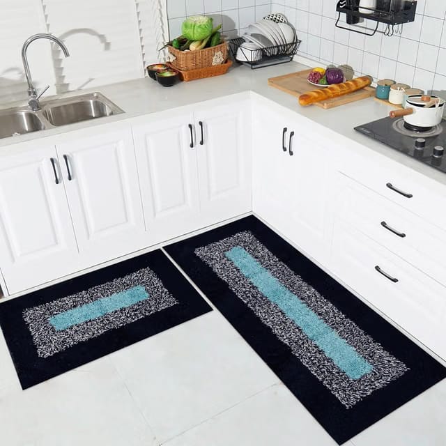 Set of 2 Pcs Luxury Cotton Kitchen Floor Mat & Runner Set, Non-Slip Doormat with Border, Door Mat for Home (Blue)