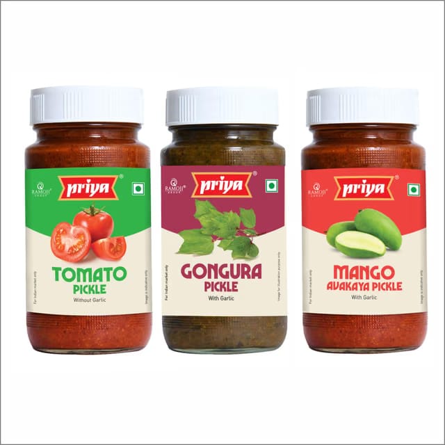 Priya Pickles Combo of 3 Pickle With Garlic Total 900gm I Tomato,Gongura,Mango avakaya I Authentic Telugu Style Achar