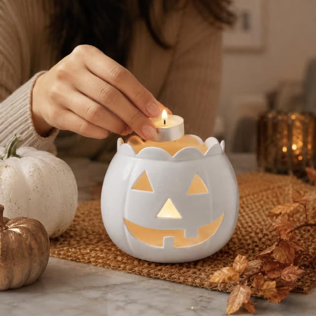 White Pumpkin Tealight Candle Holder, Jack O Lantern Halloween Decor, Decorative Tabletop Candle Lantern for Home