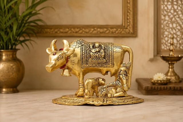 Kamdhenu Cow with Calf & Bal Gopal Krishna Idol, 19 cm Metal Gau MATA Statue for Home Mandir, Pooja Room