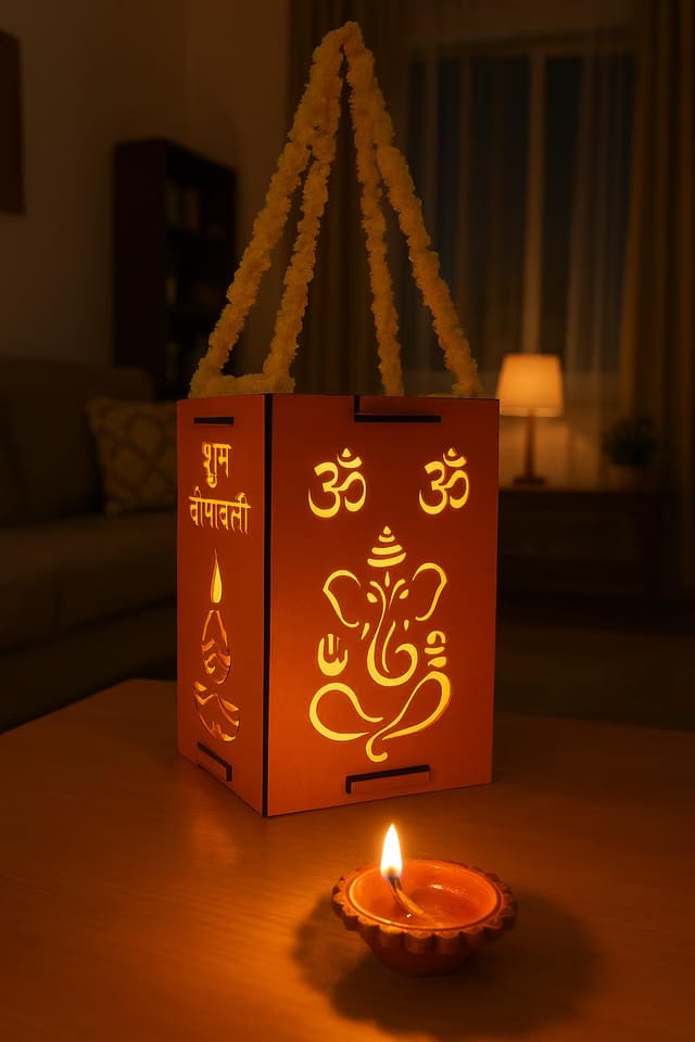 Decorative Diwali Foldable Lantern Kandil with Ganesha Design, Om Symbol, Traditional Diya Pattern, Orange
