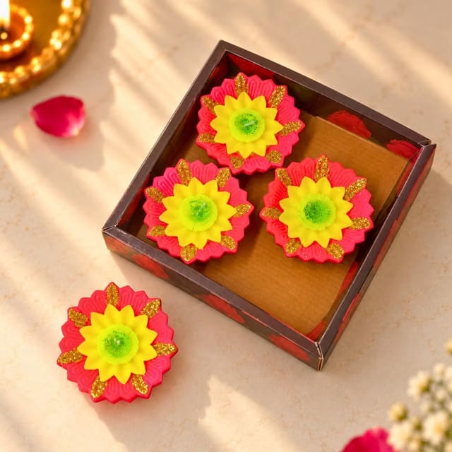 ExclusiveLane 'Radiant Petals' Terracotta Decorative Diyas for Diwali Decoration (Set of 4, Handpainted, Pink & Yellow