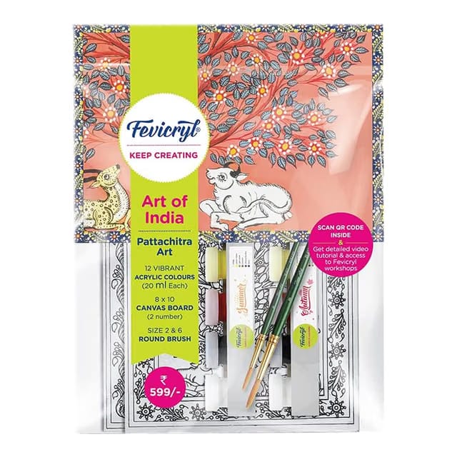 Fevicryl Art of India Pattachitra Kit, Acrylic Paints 12 Shades, 2 Round Brushes, 2 Pre-Designed Canvases