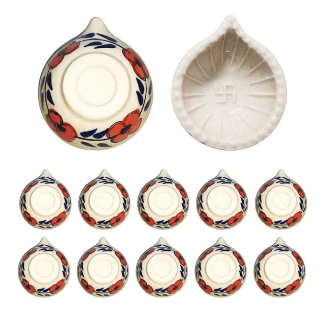 YASHONIDHI Ceramic Reusable Designer Diyas, Set of 12, Hand-Painted Red and Navy Blue Floral Pattern