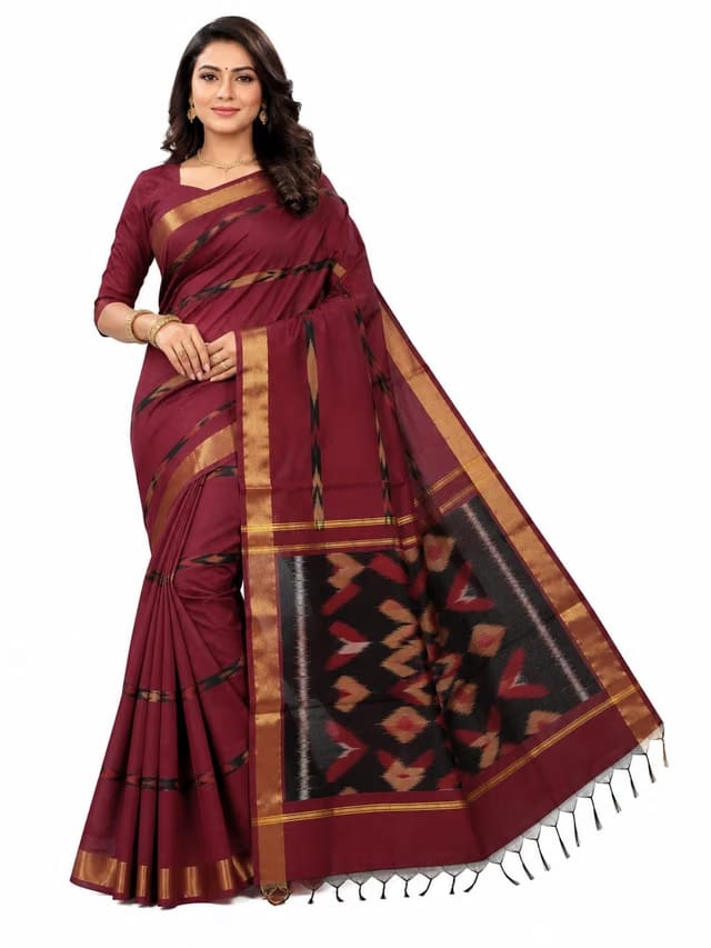 Traditional pochampally ikat silk cotton saree with blouse