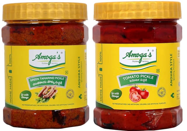 Amoga’s Pickles Factory Andhra Fresh Green Tamarind Pickle (Chintakaya/Kachha Imli) 500g & Authentic Tomato Pickle 500g