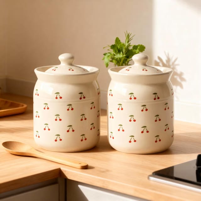 Cherry Printed Ceramic Handglazed Pickle Jars Set of 2-1000 ML Each