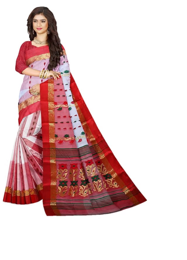 TRADITIONAL TANT BANARASI SAREE FOR WOMEN, CONTRAST BRODERS WITH ZARI AND COTTON THREAD HANDWOVEN WORKS