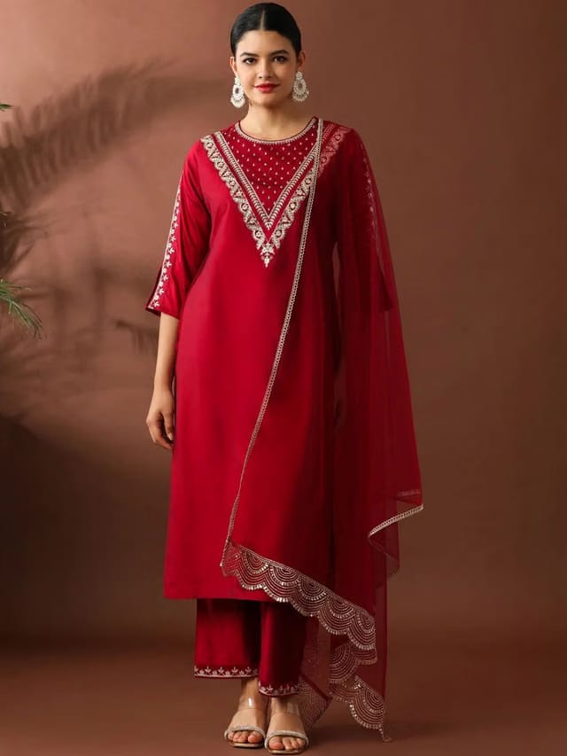 Women Ethnic Motifs Embroidered Regular Thread Work Kurta with Trousers & With Dupatta