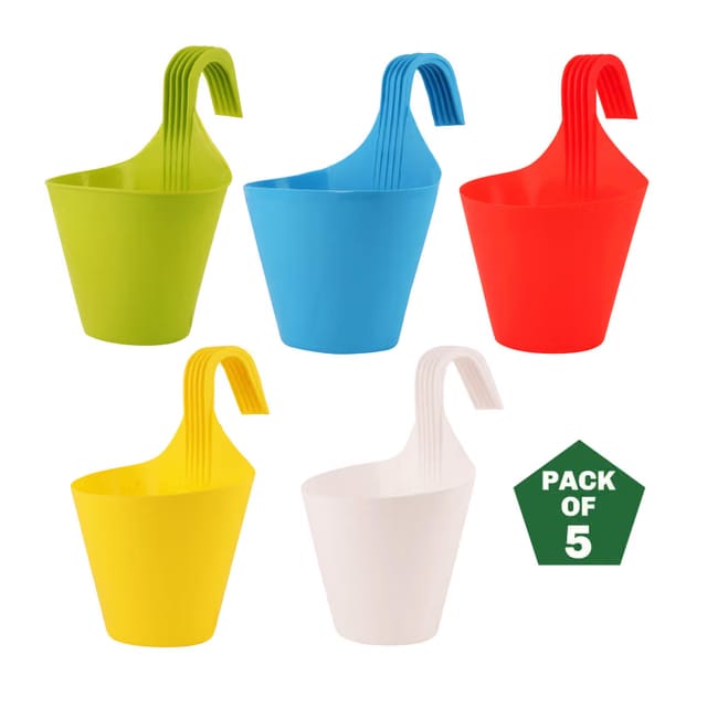 Plastic Hook Hanging Pots (Set of 5, Multicolor) - 28 x 12 x 22 cm Durable Railing Planters
