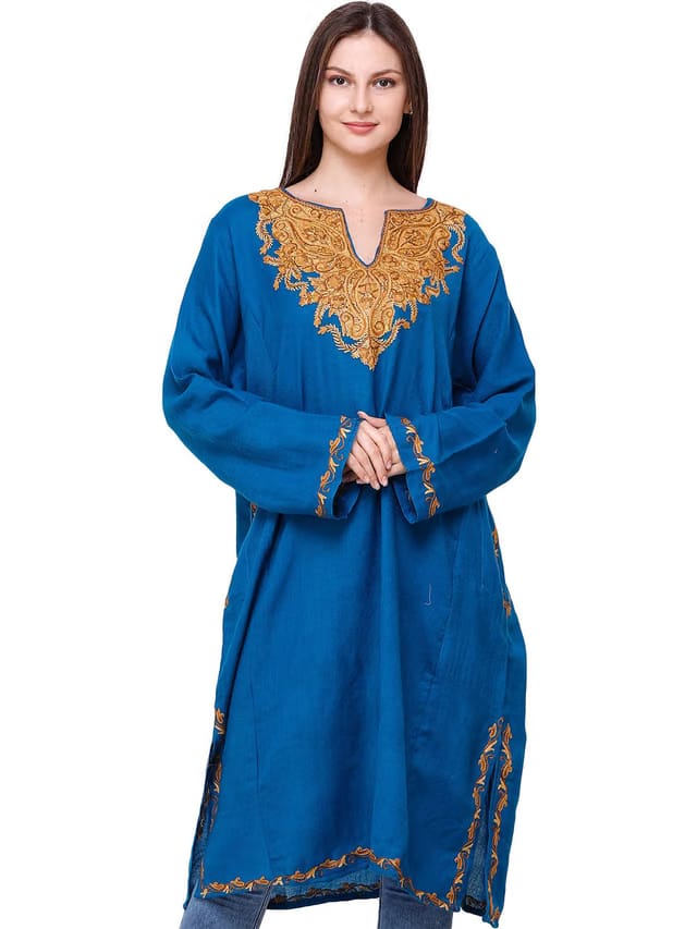 Exotic India Seaport Pure Wool Kashmiri Phiran with Floral Hand-Embroidery on Neck