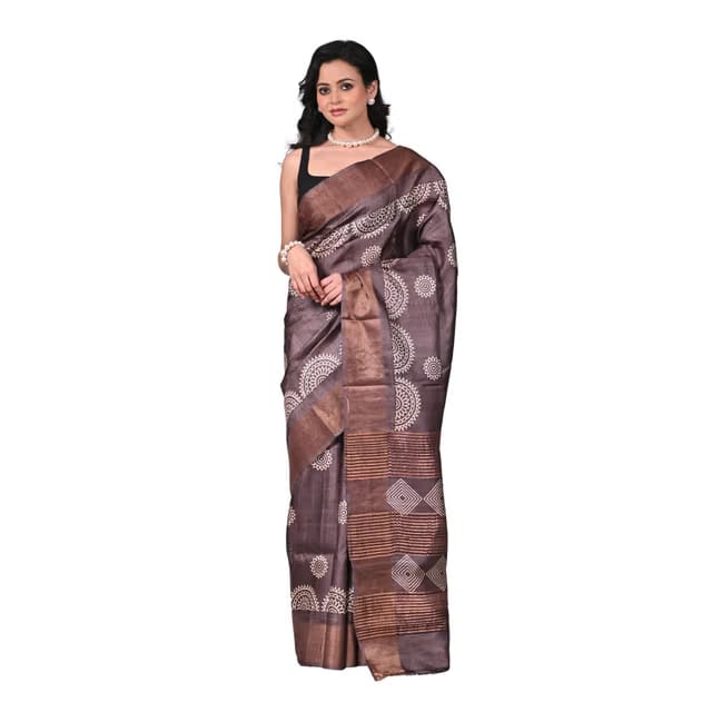 Handloom Tussar Saree in Chocolate Brown with Tribal-Inspired Motifs