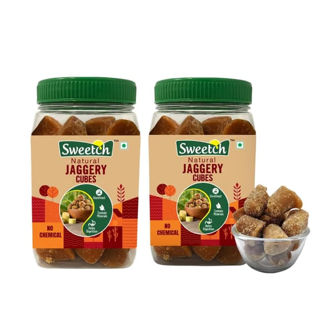 Sweetch Natural Cane Jaggery Cubes 500gm Each Jar Healthy Sugar Substitute, Desi Gud Bites Size Small