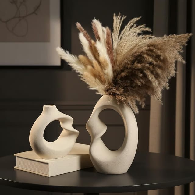 PUREZENTO Unique White Ceramic Donut Vase 8.5 & 5.7 Inch - Set of 2