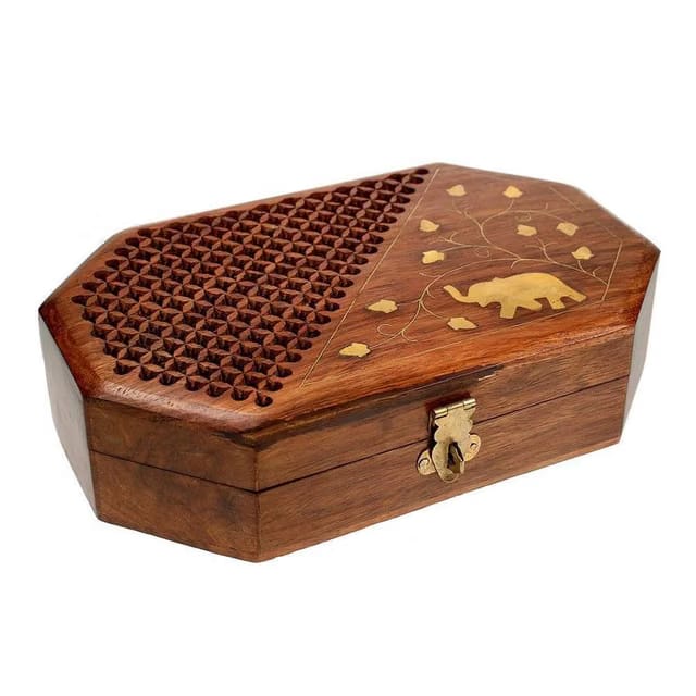 Handcrafted Sheesham Wood Jewellery Box with Brass Elephant Inlay, Jali Carved Design, 20x13x6 cm