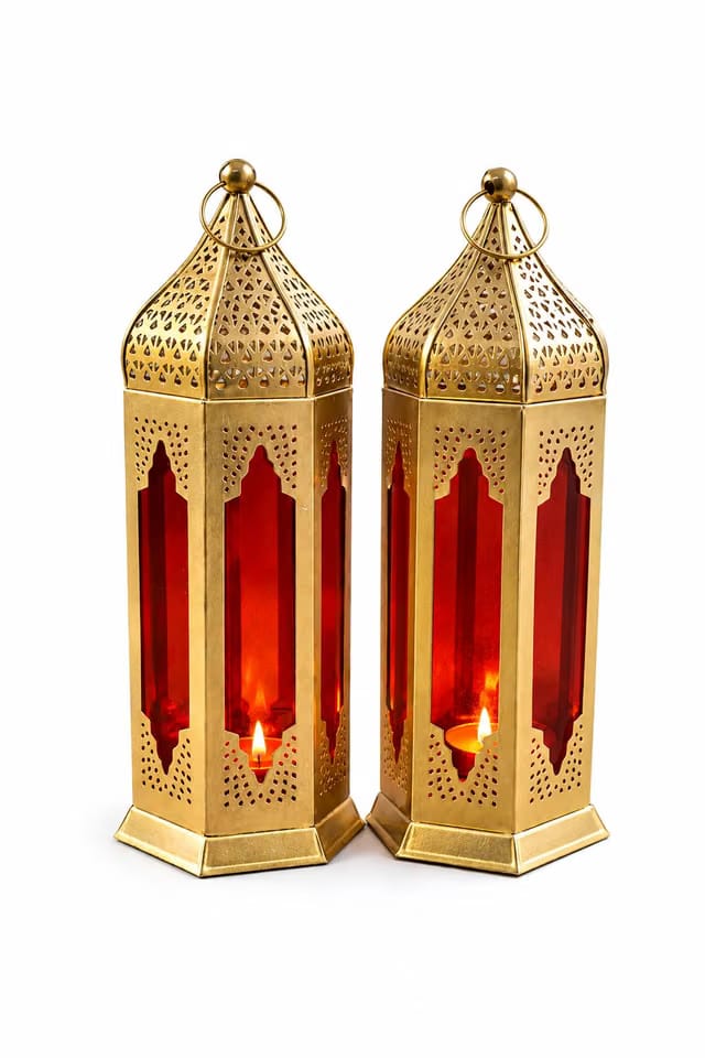 Moroccan Lantern Set of 2 with Red Glass Panels, Decorative Metal Hanging Candle Lanterns for Ramadan, Eid, Home Decor
