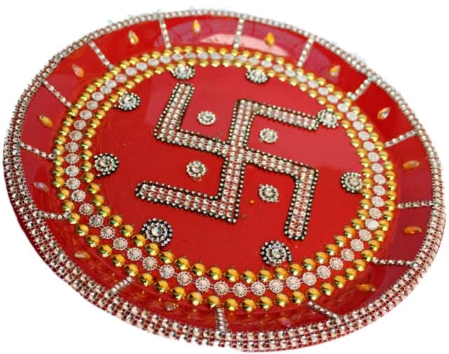 Swastik Design Handmade Diwali Special Pooja Thali with Decorated Diye Set
