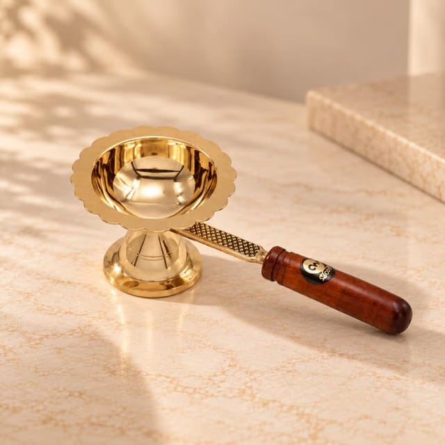Pure Brass Aarti Diya with Wooden Handle
