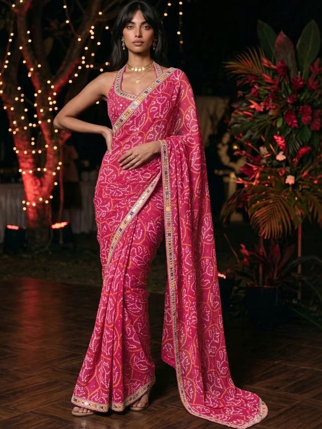 SAARA Bandhani Mirror Work Pure Chiffon Saree