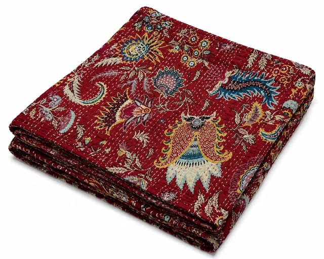 Burgundy Kantha Quilt Bedspread – Handmade Reversible Cotton Quilt with Vintage Floral Folk Art Print