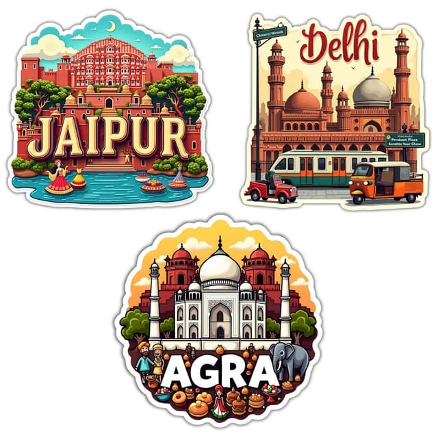 Naxon Delhi, Agra, Jaipur Souvenir Wooden Fridge Magnet Set (Pack of 3, 3x3 Inch)
