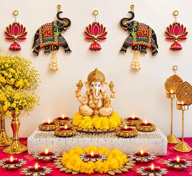 Festive hub Diwali Decoration Items, Shubh Labh with 3 Lotus Hanging Latkan Toran for Wall Door