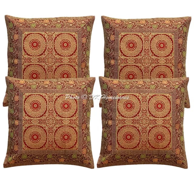 Ethnic Traditional Mandala Maroon Pillow Cover 16x16 Set of 4 Jacquard Jaipuri Brocade 40X40 Cm Cushion Covers (Maroon)