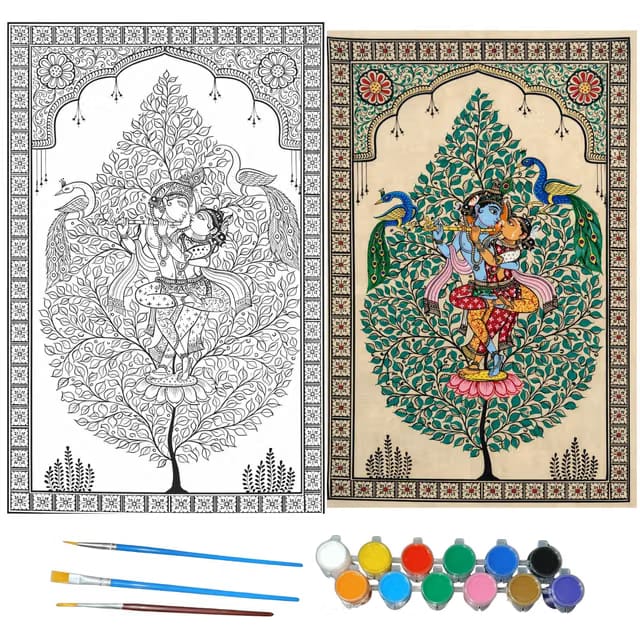Veeniva DIY Pre-Marked Canvas Painting Kit – Pattachitra Tree Radha Krishna Art Kit with Acrylic Colors & Brushes