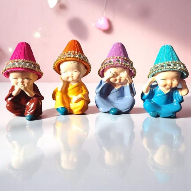 Set of 4 Resin Buddha Monk Statue with Hat
