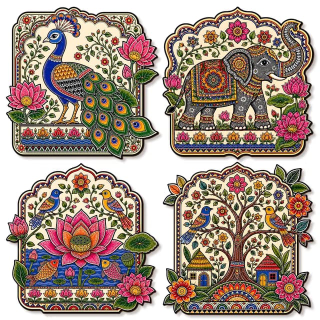Regalo Casila Madhubani Painting MDF Wall Decor 7.5 Inches 4 Pcs Set Indian Folk Art Peacock Elephant Lotus Tree of Life