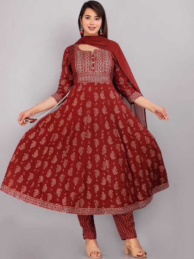 Floral Printed Mirror Work Anarkali Kurta with Trousers & Dupatta