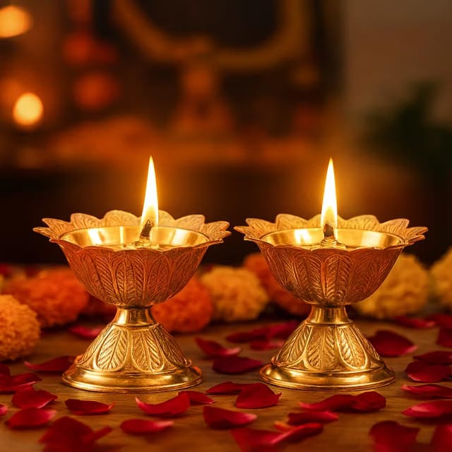 Kuber Diya for Pooja Room Temple Decor Golden Pure Brass Diya Engraved Design Deepak for Diwali, Navratri, Housewarming