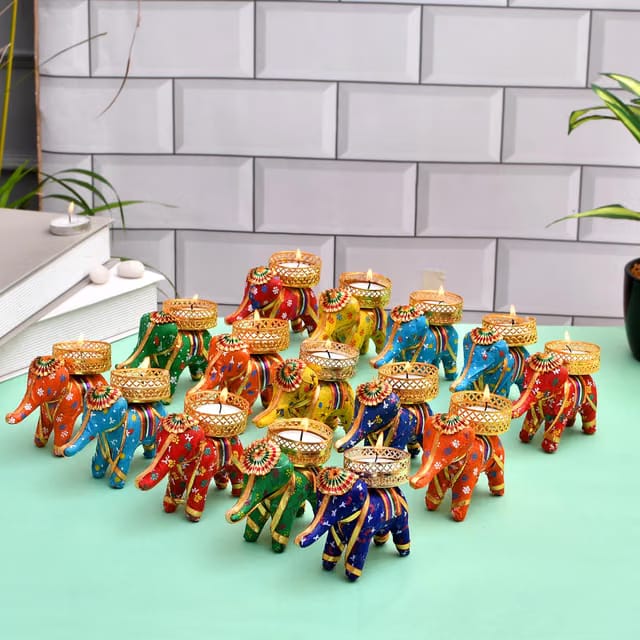 Diwali Multicolor Elephant Tea Light Holder, Set of 15 Pcs, Ganpati Decoration, Tlight Deepawali Decoration