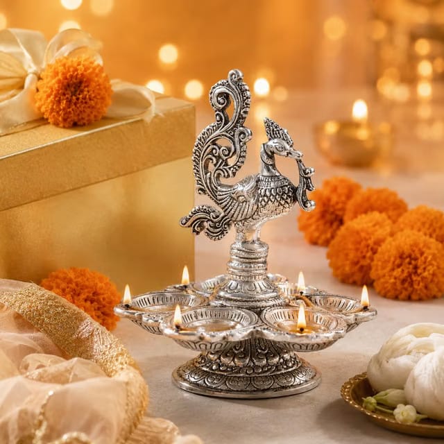 DreamKraft Metal Decorative Silver Peacock Oil Lamp 5 Diya 13 cm