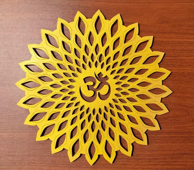Golden Om Round Decorative Wall Art Mdf Wooden Om Chakra For Temple, Living Room, Bedroom, Office, Hotel