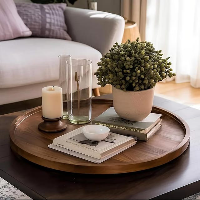 FLIPSSHOPPEE Round Decorative Tray Rustic Wooden Coffee Table Trays Home Decor Farmhouse Centerpiece Serving Trays for