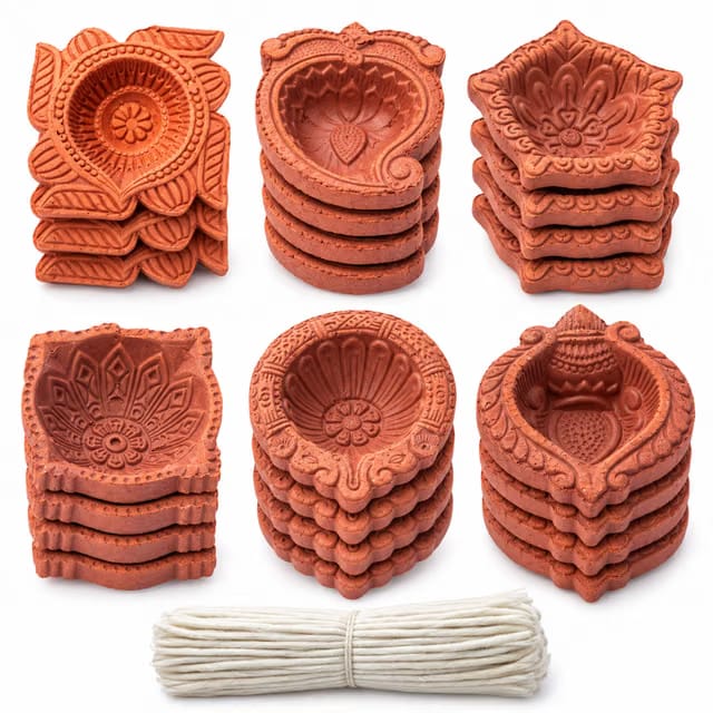 Kraftskala Clay Diya for Diwali Decoration, Set of 24 Earthen Oil Lamps, 6 Designs