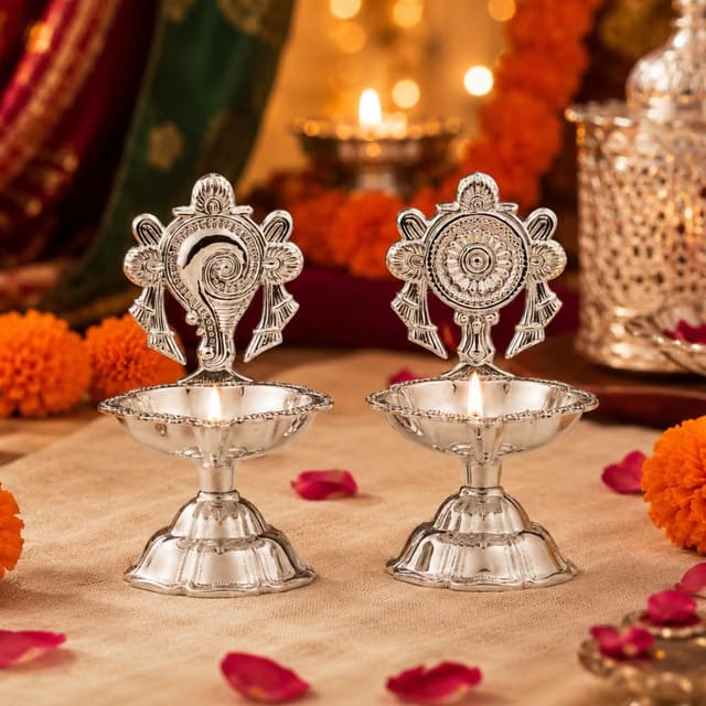 100% Pure Brass Shank & Chakra German Silver Diya Set of 2 for Puja