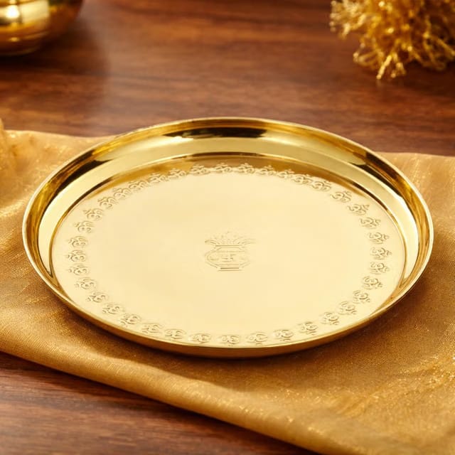 Mkd2 Rise Brass Pooja Thali Plate with OM Design – 10 Inch (25 cm) Aarti Puja Plate for Home, Temple & Mandir