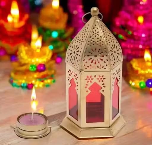Random Colours Moroccan Style Metal Lantern Candle Holder with Glass Panels