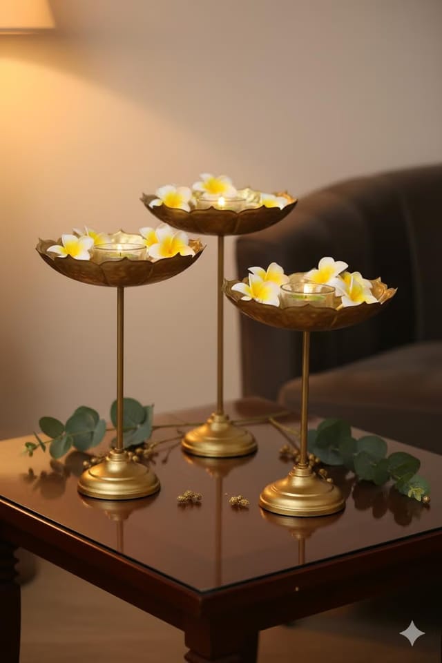 Decorative Urli Stand Tealight Holder Set of 3, Bowl for Home Decor