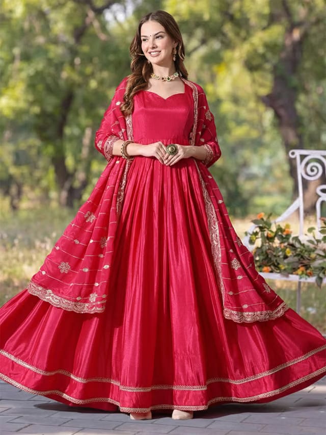 Women Solid Flared Anarkali Style Ethnic Dress with Embroidered Dupatta