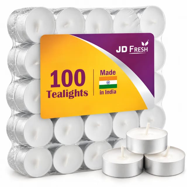 JD Fresh 100 Pcs Smokeless Tealight Candles for Home/Unscented Long Burning Dripless Paraffin Wax Clean Burn Tea Lights