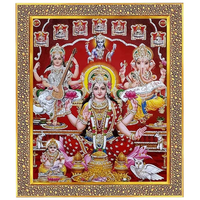 Laxmi/Ashtalakshmi/Mahalaxmi With Vishnu Ji Ganesh, Saraswati & Dhan Kuber Photo Frame with Unbreakable Glass for Wall