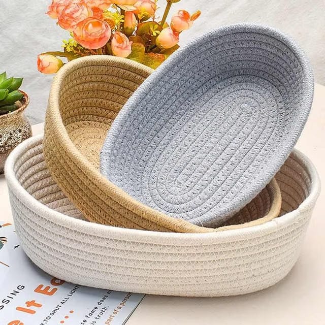 [Set of 3-L-10x5 inch, M-9.5x4.7 inch, S-9x4.5 inch, Oval, Multicolor] Handwoven Soft Jute Cotton Basket