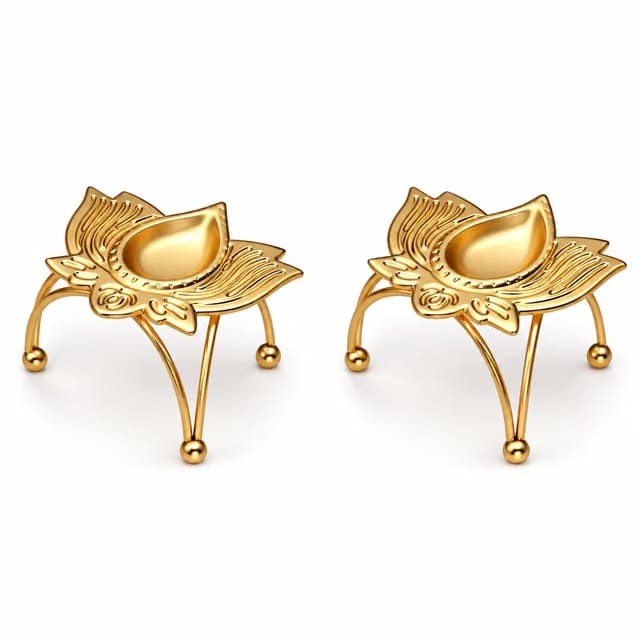 Golden Lotus Diya Stand Set of 2 and More, Metal Oil Lamp Holder for Puja, Decorative Gold Diya for Pooja Room
