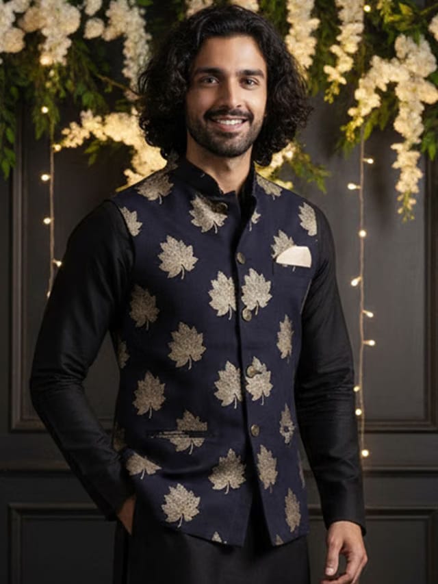 Men Nehru Jacket Printed Bundi Black Festive Modi Golden Leaf Design