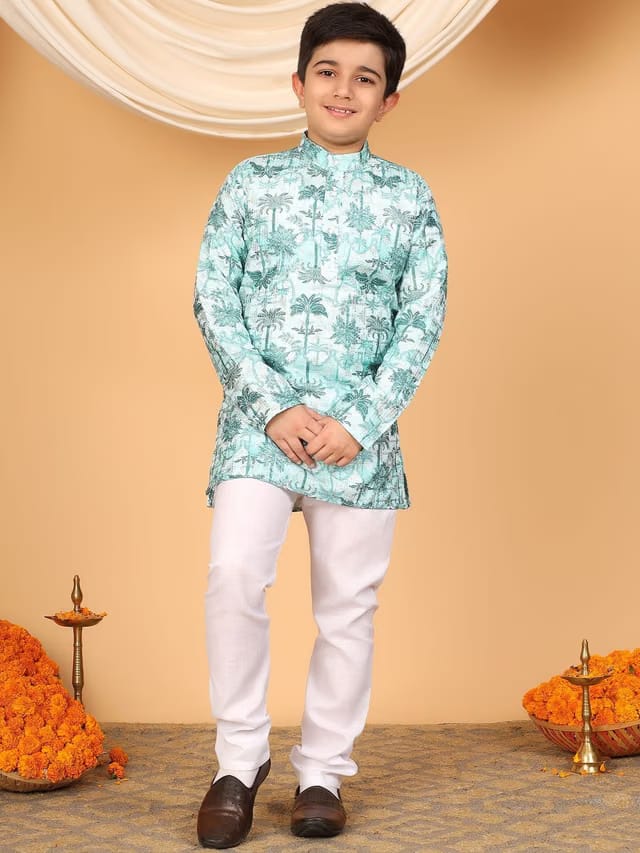 Boys Zari Embroidered Botanical Printed Mandarin Collar Straight Kurta & Pyjamas